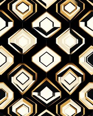 A bold vector seamless pattern with geometric shapes, like hexagons and diamonds, in contrasting shades of black, white, and gold, ideal for modern, high-contrast designs with a luxurious touch