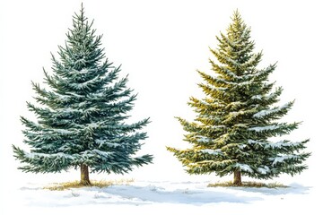Fototapeta premium Trio of tall pine trees in a snowy landscape with sunlight streaming through capturing the beauty of a wintery holiday morning in nature