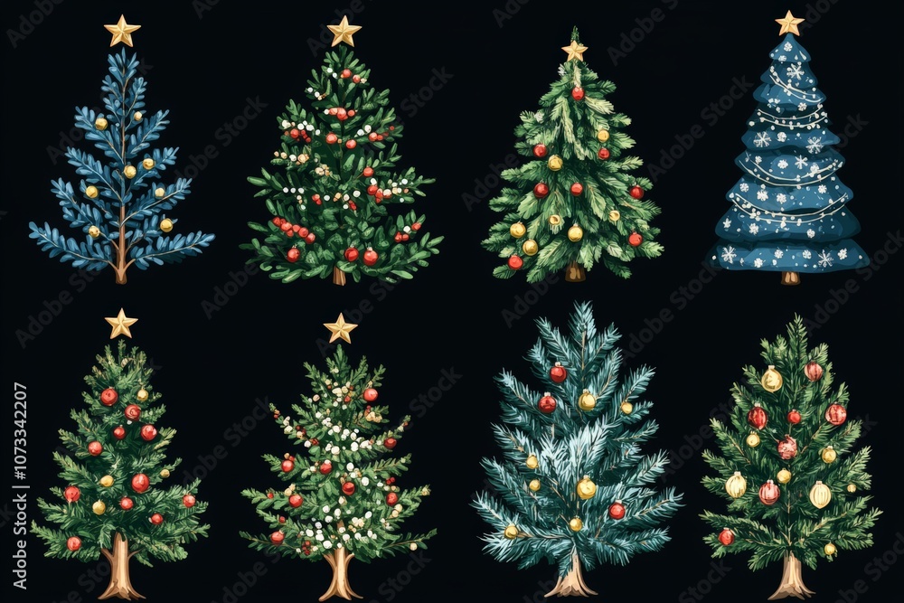 Poster collection of christmas trees with ornaments and stars on a dark background creating a playful and f
