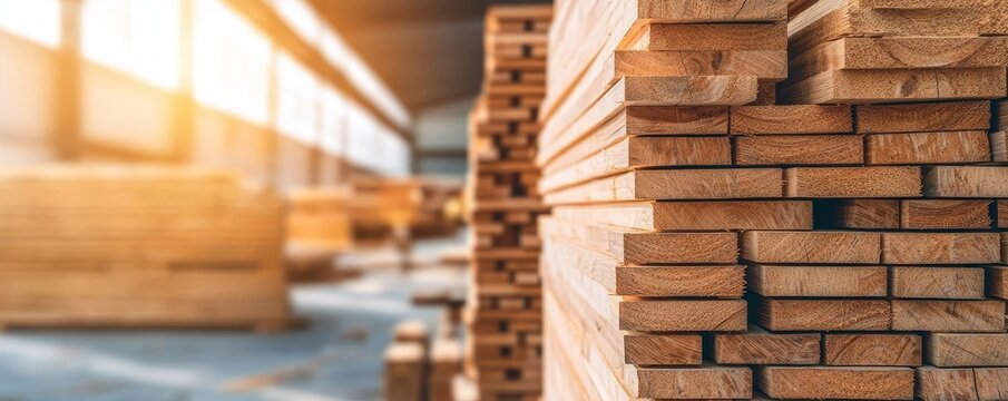 Stacks of wood in a warehouse lit by warm sunlight, showcasing the texture and quality of lumber for construction and DIY projects.