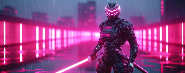 Fotobehang A futuristic warrior with glowing armor stands in a neon-lit rain-soaked cityscape, exuding power and mystery. © Naphol