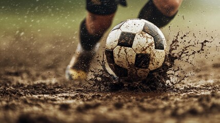 A muddy soccer ball splashes through water as a player skillfully dribbles, showcasing the excitement of outdoor sports.