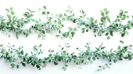 Green Leaves Branch Garland on White Background