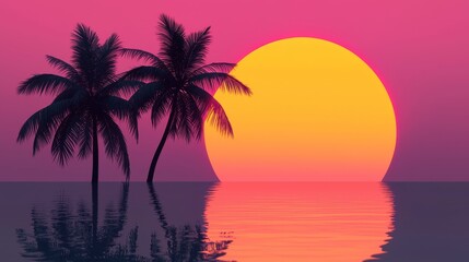 A stunning tropical landscape featuring palm trees silhouetted against a vibrant sunset reflected in calm waters.
