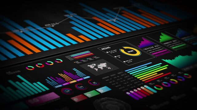 Data analytics dashboard displaying bar charts, line graphs, and world map on dark background. Ideal for visualizing business metrics and performance data. Information reports of business strategy