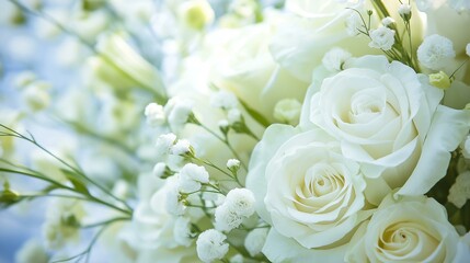 Obraz premium Delicate white roses and baby's breath create a timeless and elegant floral arrangement, perfect for weddings and special occasions.