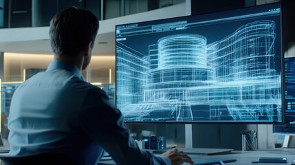 Fototapeta premium AI assisting in the design of architecture, futuristic building sketches on digital screens
