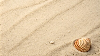 Single seashell partially submerged in soft white sand, the shell's intricate texture a stark contrast against the smooth grains