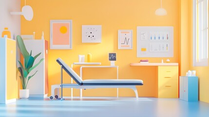 Fototapeta premium Minimalist Medical Clinic Interior with Yellow Walls and Examination Table