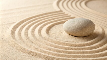 A smooth, gray stone rests peacefully on the center of a carefully raked circular pattern in fine, light sand.