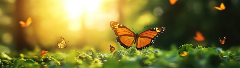A serene scene with butterflies fluttering around lush greenery, illuminated by soft sunlight, creating a tranquil, natural atmosphere.