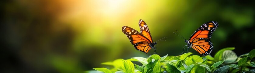 Fototapeta premium Two vibrant orange butterflies flutter over lush green leaves, basking in the warm glow of sunlight, creating a serene and enchanting natural scene.