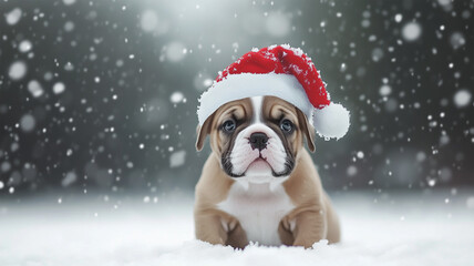 サンタ帽をかぶった子犬と雪景色