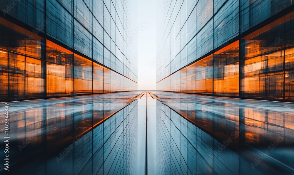 Poster a symmetrical perspective view of a city street with modern glass buildings on both sides, reflectin