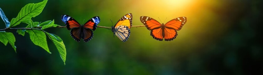 Fototapeta premium Three vibrant butterflies display their colorful wings against a lush green background, illuminated by warm sunlight.