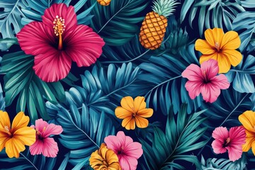 Obraz premium A tropical-themed vector seamless pattern with bold, colorful palm leaves, hibiscus flowers, and pineapples, creating a vibrant and exotic design ideal for summer products or fabrics