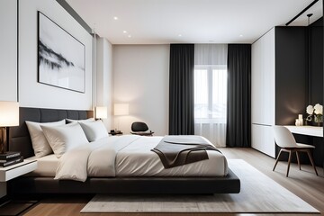Stylish black and white bedroom interior design.