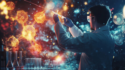 Scientist in a lab coat, holding a pipette and dropping a vibrant chemical solution into a test tube, with laboratory glassware and molecular structures in the background