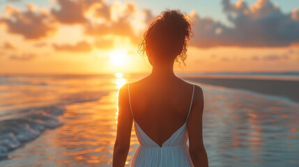 Woman Watching Serene Beach Sunset
