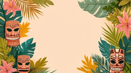 Vibrant tropical foliage with carved tiki masks creates a captivating backdrop, symbolizing Polynesian culture and tradition.