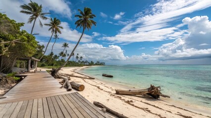 Fototapeta premium A wooden boardwalk leads to a pristine white sand beach with turquoise waters and towering palm trees under a bright blue sky with fluffy white clouds.