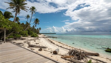Fototapeta premium A wooden boardwalk leads to a secluded tropical beach with turquoise water, palm trees, and a cloudy sky