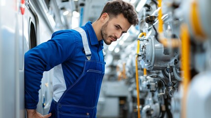 A focused technician inspects machinery in an industrial environment, showcasing dedication to his craft and attention to detail.