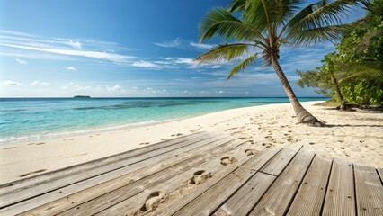 Fototapeta premium A Wooden Deck Leads to the Pristine Shoreline of a Tropical Island