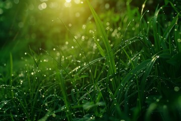 Water drop on grass and sunshine morning. Drops of water on the grass. Neural network ai generated art