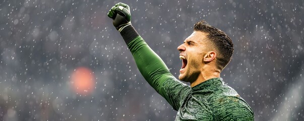 A passionate soccer goalkeeper celebrates a victory in the rain, showcasing determination and strength.