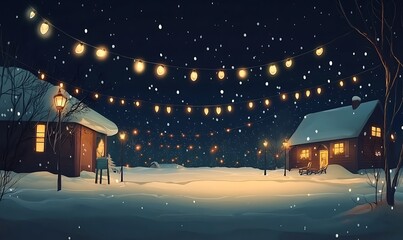Fototapeta premium A serene winter night scene with snow, cozy houses, and glowing lights.