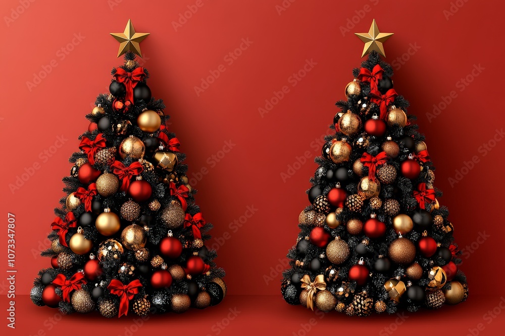 Poster pair of christmas trees with red and gold ornaments on a red background creating a festive holiday s