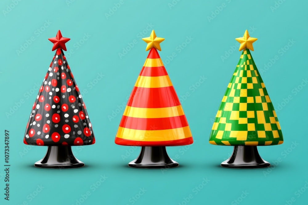 Poster modern graphic of christmas trees in a whimsical style with colorful patterns capturing a playful ho