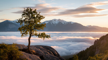 A solitary tree stands on a rocky outcrop above a sea of fog with majestic mountains in the background during sunrise