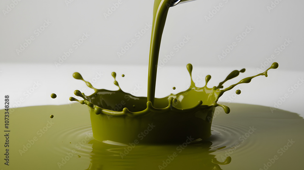 Poster green liquid splashing into a puddle on a smooth surface, capturing the moment of impact in a minima