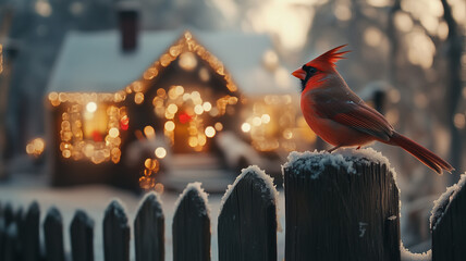 cardinal perched on a pine tree covered in snow and colorful Christmas ornaments,