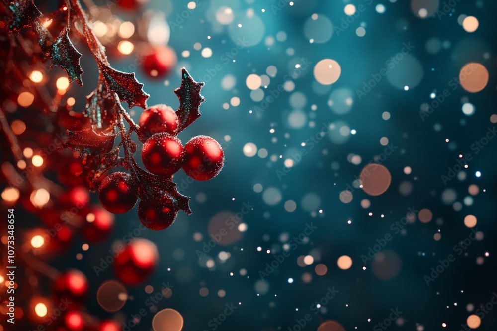 Poster close up of red holiday berries with a sparkling bokeh background capturing the essence of festive c