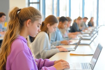 A diverse group of students focused on their laptops during a study session in a bright classroom