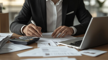 An accountant looks at a financial report, professional accounting company, digital marketing, optimization, guy calculating a sales margin, a man, presumably a businessman, is analyzing documents