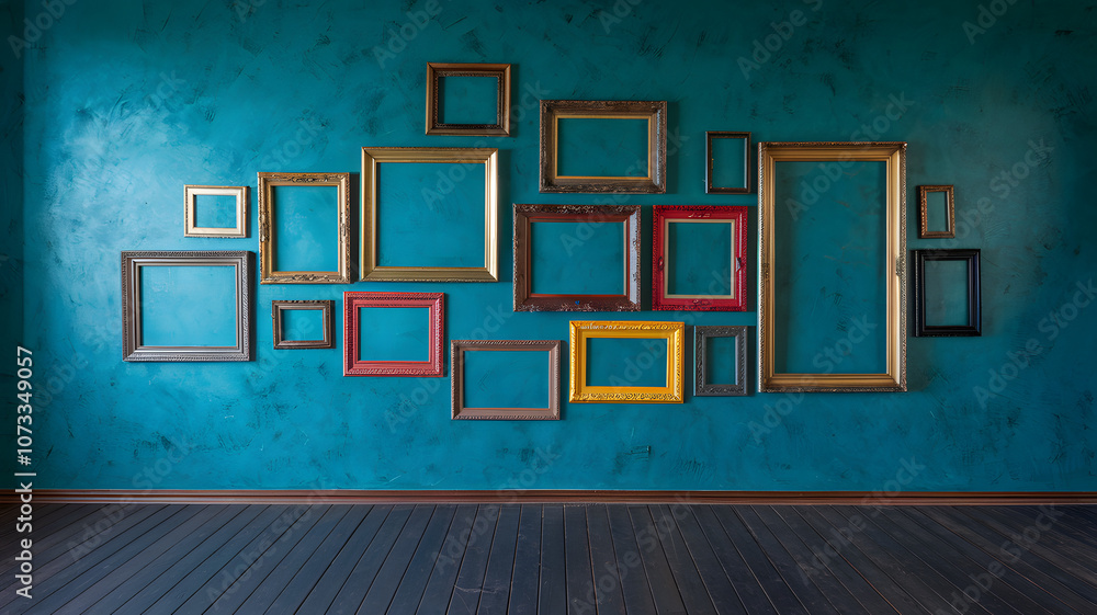 Poster a vibrant turquoise wall adorned with various empty picture frames in a gallery-like setting during 