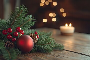 Little Christmas tree and festive decoration on the table in minimalist Scandinavian style. Christmas Background with generative ai