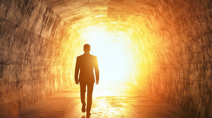 Fototapeta premium A businessman walks through a tunnel toward bright light, symbolizing opportunity and hope, inspiring action and decision-making in the corporate world