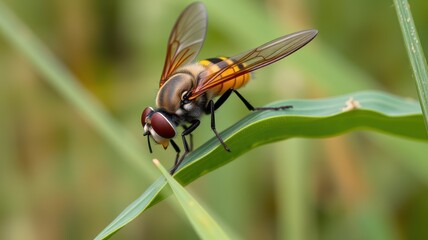 A hoverfly rests on a blade of grass in a field of green