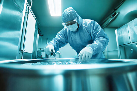 Lab technician dissolving medicine in a stainless steel tank using modern equipment in a chemical research center