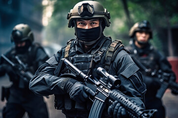 Naklejka premium Chinese soldier carrying a rifle during a tactical operation with comrades in an urban environment, showcasing military readiness and cooperation