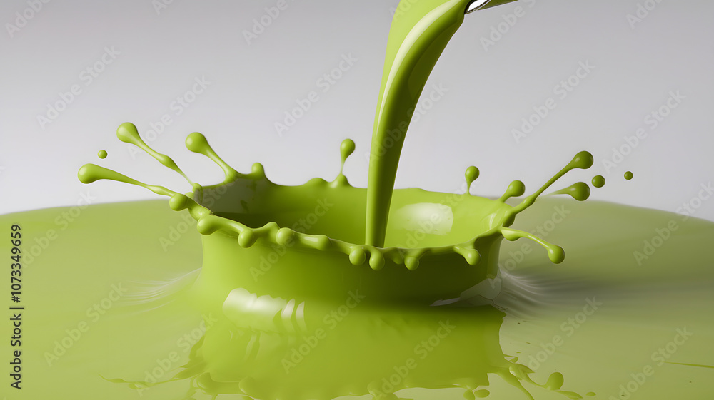 Poster vibrant green paint pouring and splashing in a circular pattern on a smooth surface during daylight