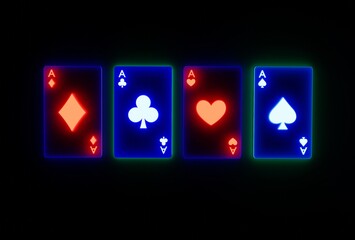 Glowing casino cards game on dark black background - 3d render. Flying cards for online casinos and mobile gambling applications, poker - winner, wealth concept