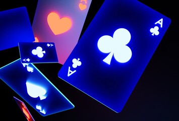Glowing casino cards game on dark black background - 3d render. Flying cards for online casinos and mobile gambling applications, poker - winner, wealth concept