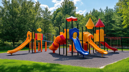 Vibrant playground equipment in a public park, featuring slides, swings, and climbing structures in a variety of bright, cheerful colors, surrounded by green trees and open space
