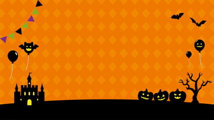 風船とチェック模様のハロウィンバナー背景_フルHDサイズ_16.9